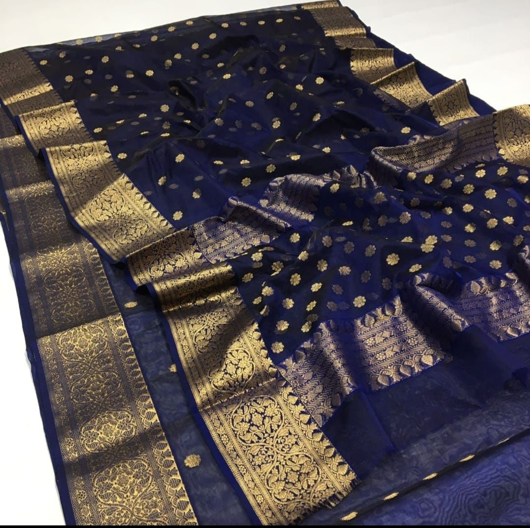 Blue Chanderi Handloom Pure Katan Silk Saree - Elegant and Timeless - Luxurion World