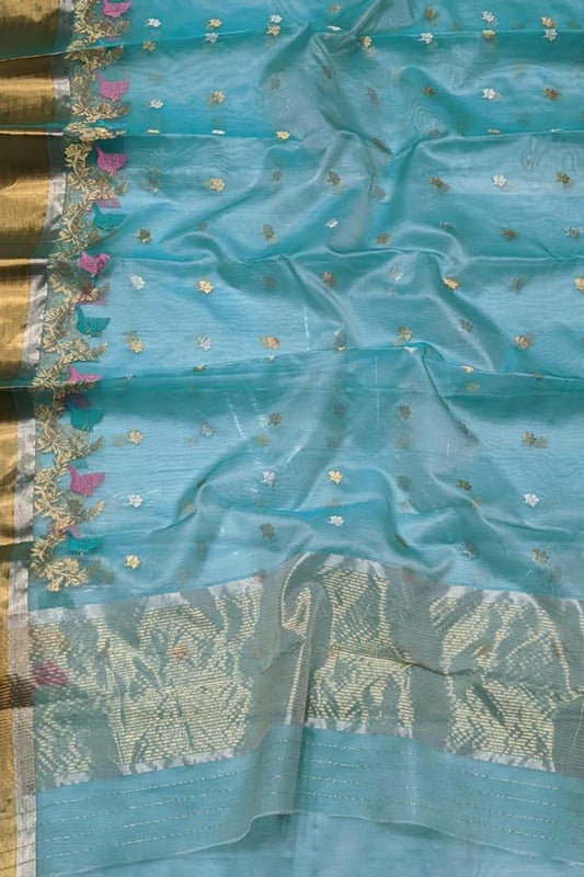 Blue Chanderi Handloom Pure Katan Silk Saree - Luxurion World