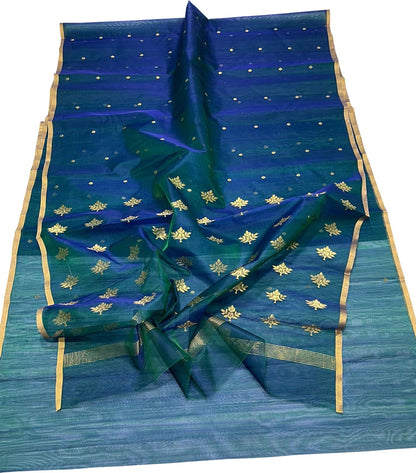 Green & Blue Chanderi Handloom Katan Silk Saree - Luxurion World