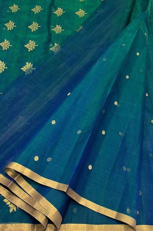Green & Blue Chanderi Handloom Katan Silk Saree - Luxurion World