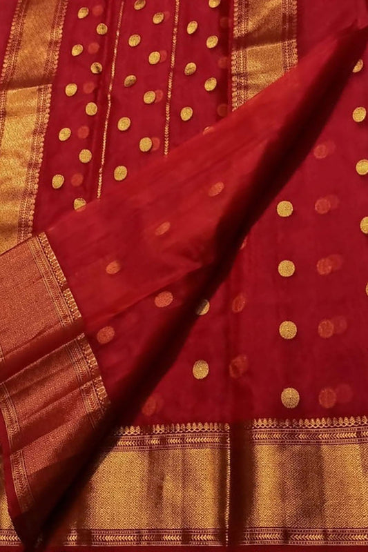 Exquisite Red Chanderi Handloom Pure Katan Silk Saree