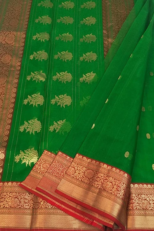 Green Chanderi Handloom Pure Katan Silk Saree - Luxurion World