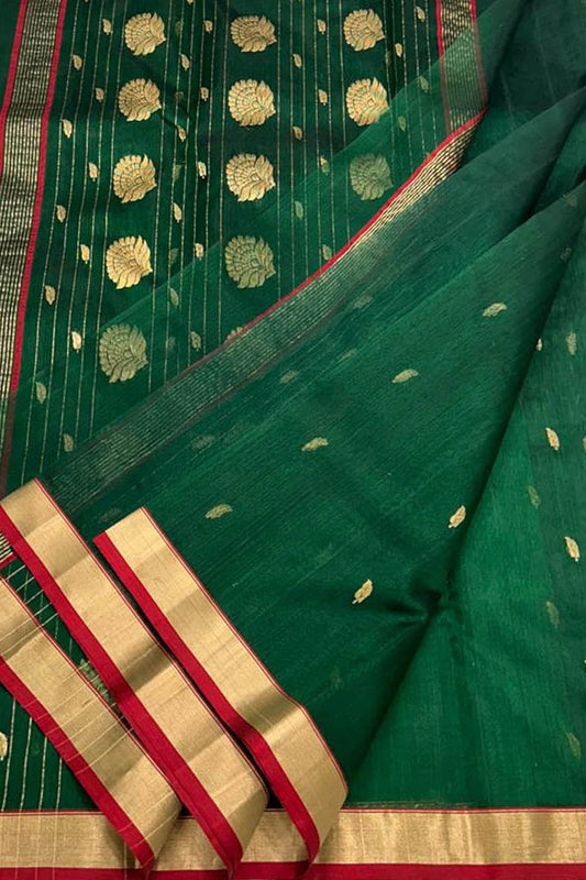Green Chanderi Handloom Pure Katan Silk Saree - Luxurion World