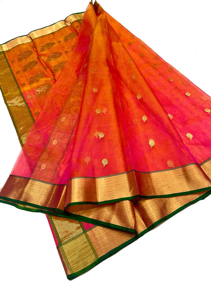 Vibrant Pink & Orange Chanderi Silk Saree - Luxurion World