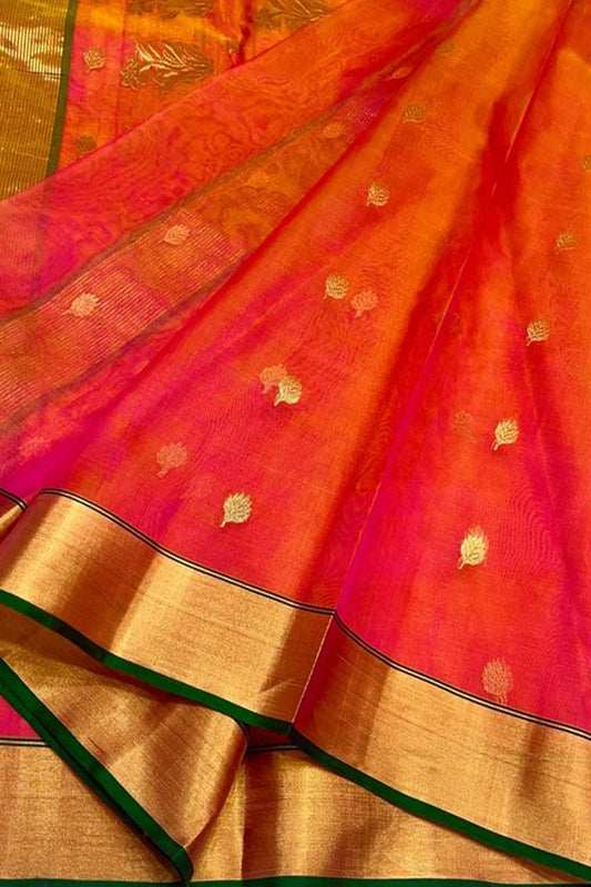 Pink And Orange Chanderi Handloom Pure Katan Silk Saree