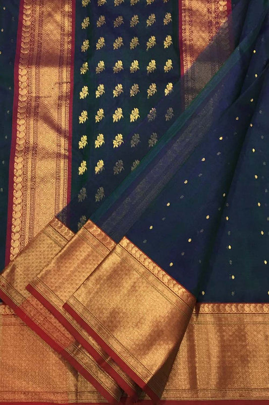 Blue Chanderi Handloom Pure Katan Silk Saree - Luxurion World