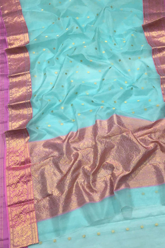 Blue Chanderi Handloom Pure Katan Silk Saree - Elegant and Luxurious