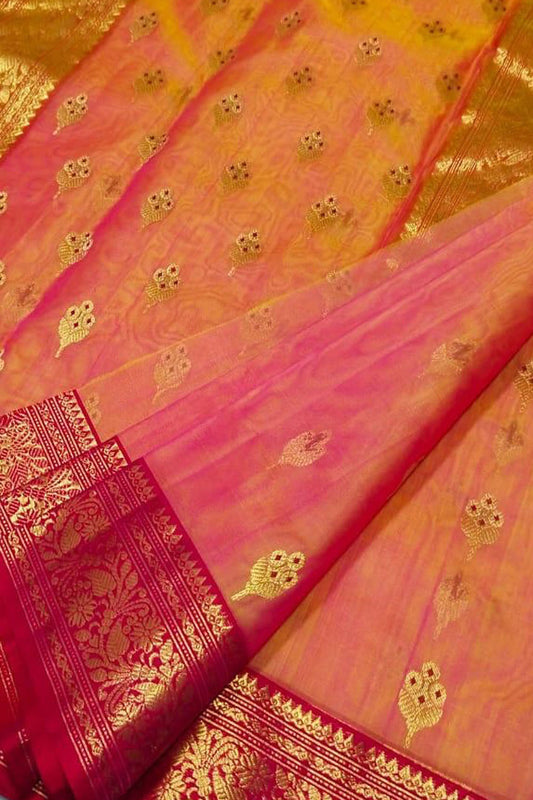 Orange And Pink Chanderi Handloom Pure Katan Silk Saree
