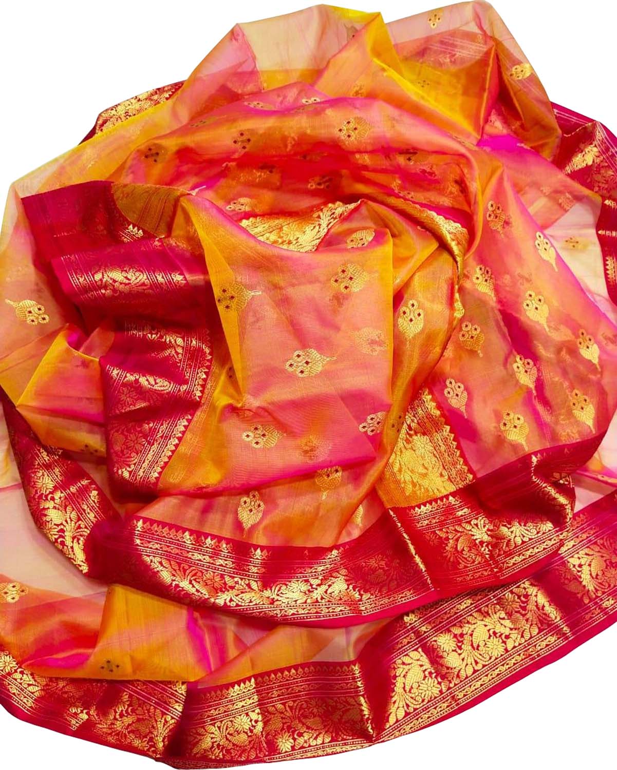 Orange & Pink Chanderi Handloom Katan Silk Saree - Luxurion World