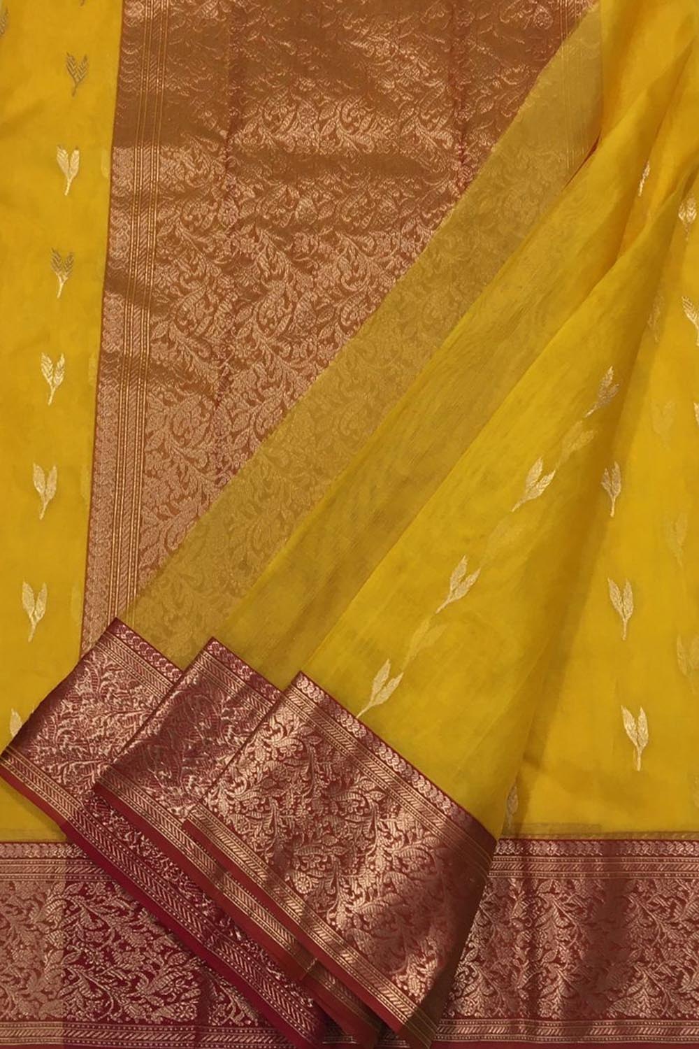 Yellow Chanderi Handloom Katan Silk Saree - Luxurion World