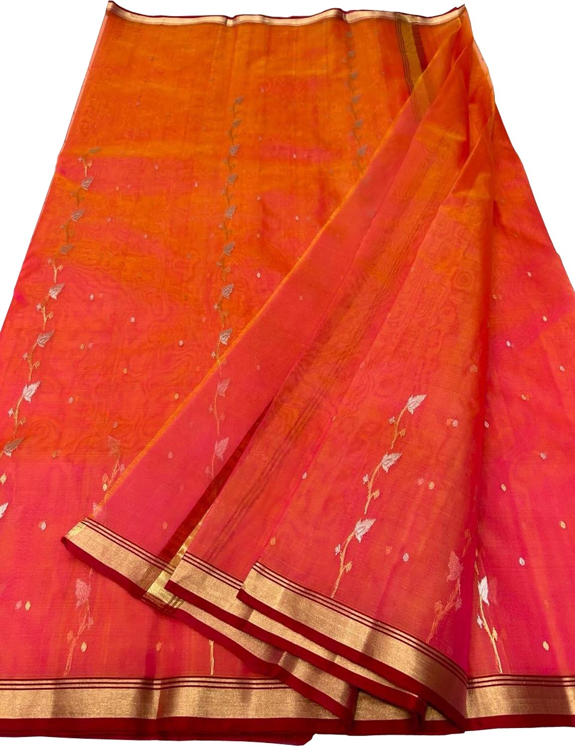 Pink & Orange Chanderi Handloom Pure Katan Silk Saree - Luxurion World