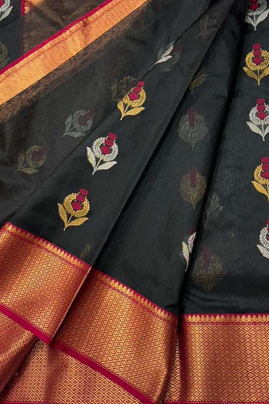 Exquisite Black Chanderi Silk Saree - Handloom Beauty - Luxurion World