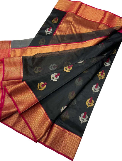 Exquisite Black Chanderi Silk Saree - Handloom Beauty - Luxurion World