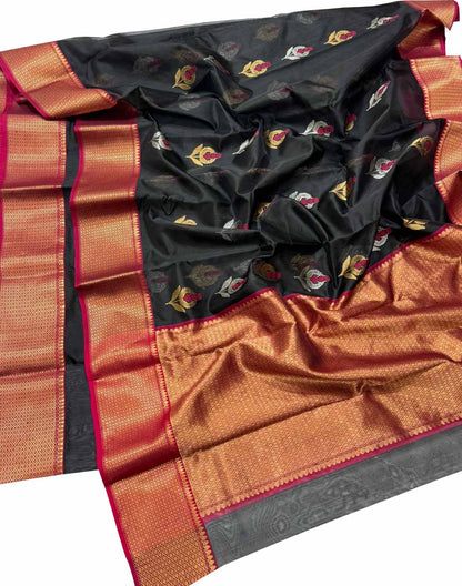 Exquisite Black Chanderi Silk Saree - Handloom Beauty - Luxurion World