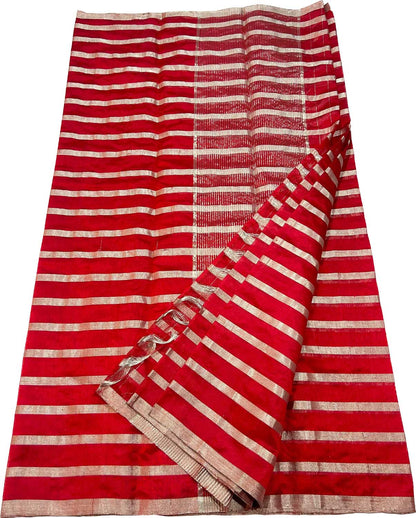 Stunning Red Chanderi Handloom Silk Stripes Design Saree - Luxurion World