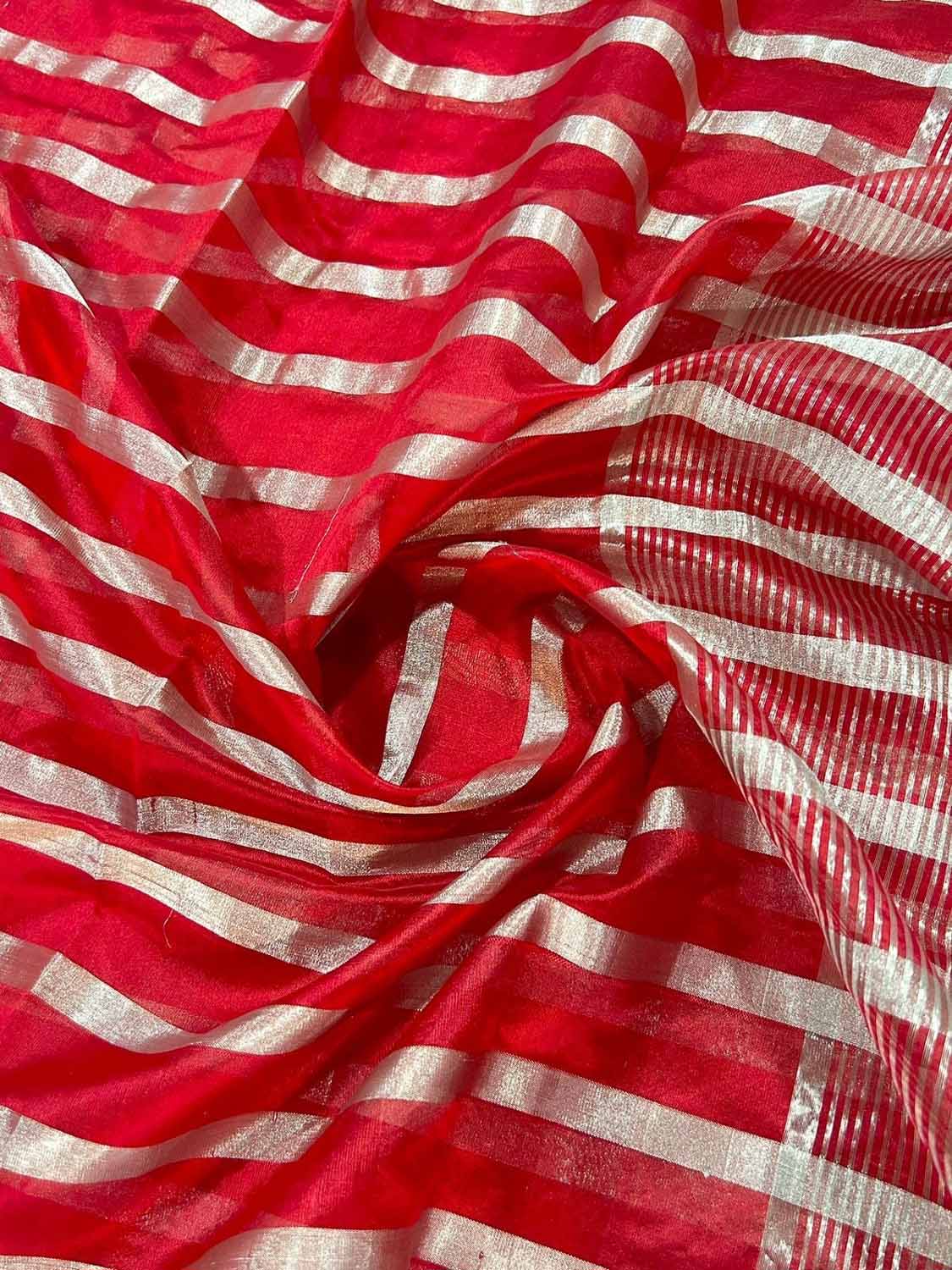 Stunning Red Chanderi Handloom Silk Stripes Design Saree - Luxurion World