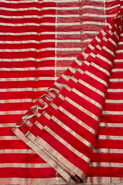 Stunning Red Chanderi Handloom Silk Stripes Design Saree - Luxurion World