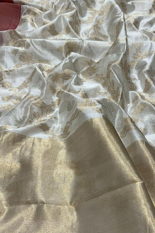 Elegant Off White Chanderi Silk Saree - Luxurion World
