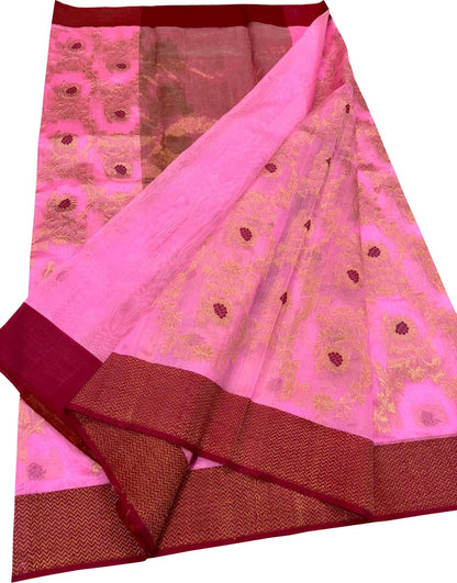 Beautiful Pink Chanderi Silk Saree - Handloom Pure Elegance - Luxurion World