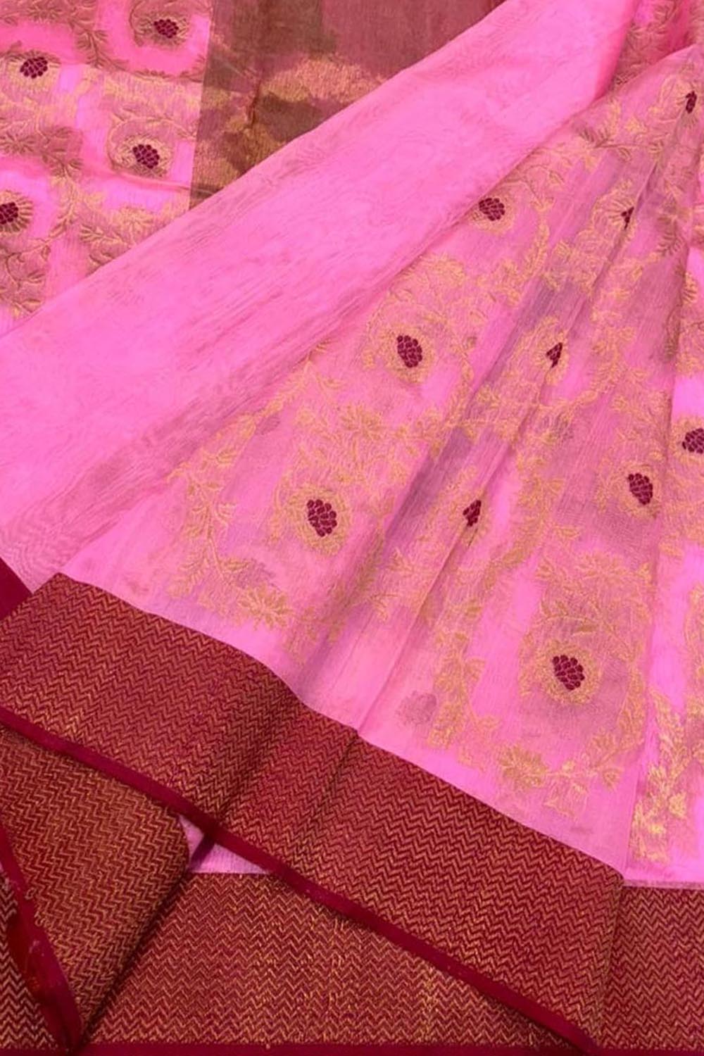 Beautiful Pink Chanderi Silk Saree - Handloom Pure Elegance - Luxurion World