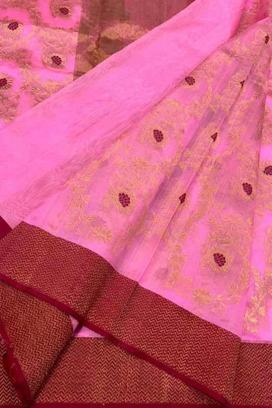 Beautiful Pink Chanderi Silk Saree - Handloom Pure Elegance - Luxurion World