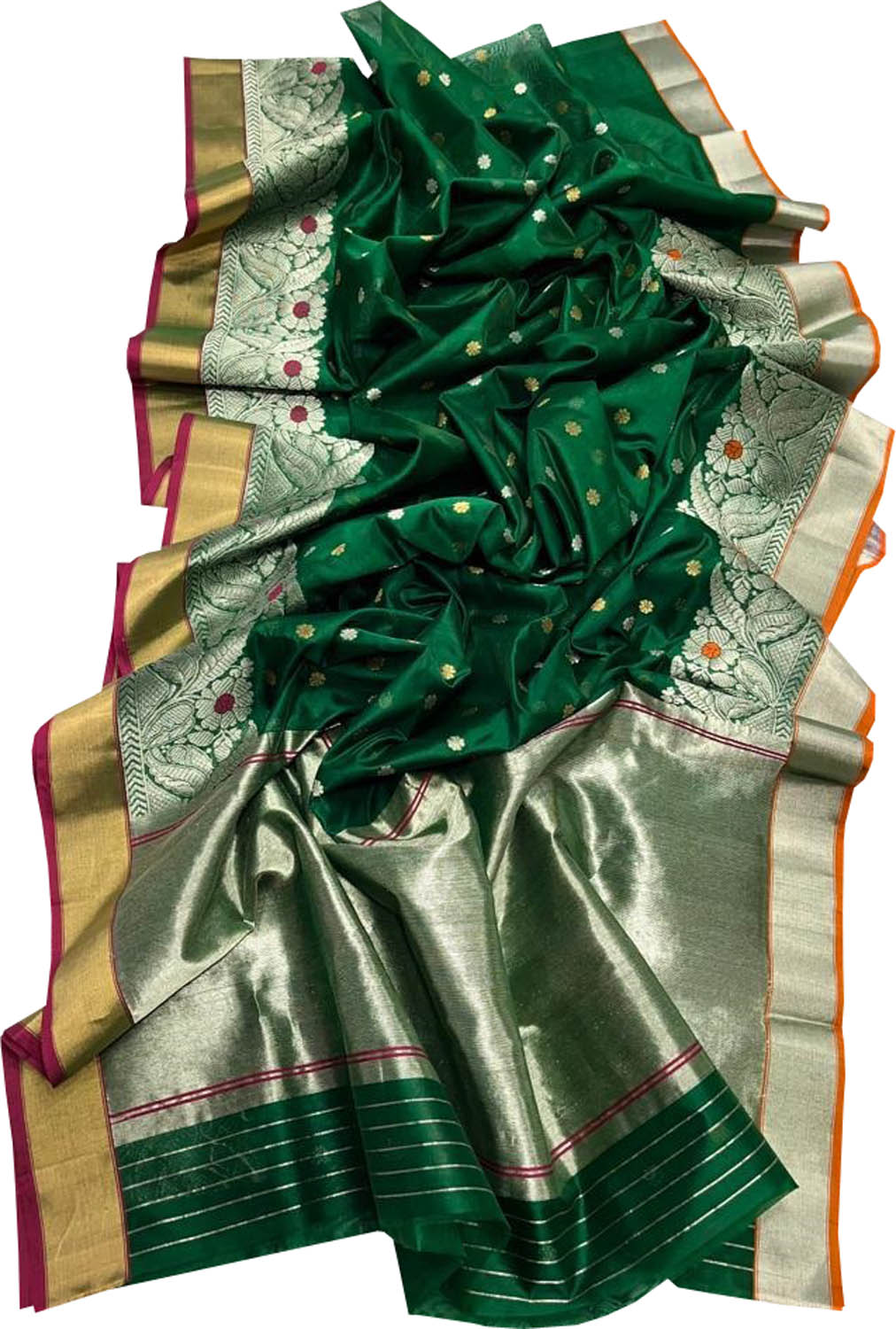 Ethically Made Green Silk Saree - Handloom Chanderi - Luxurion World