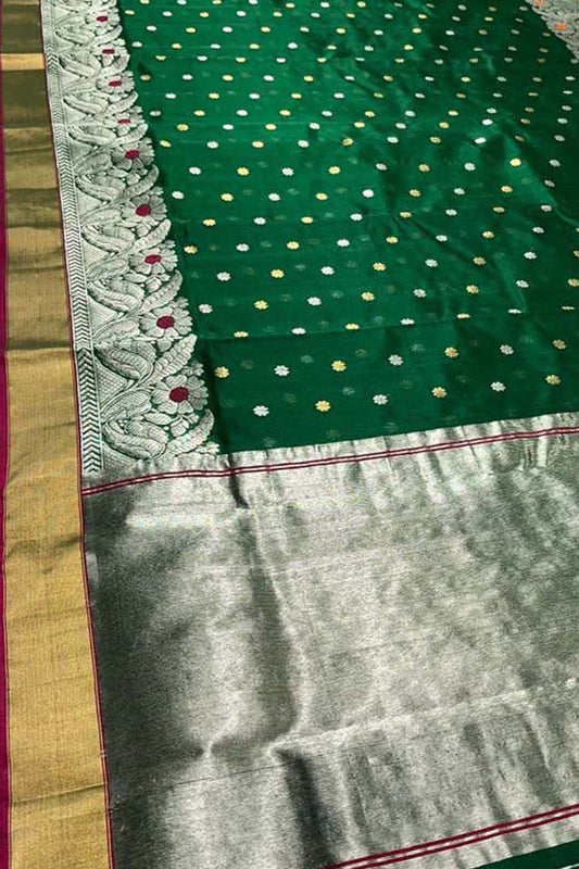 Ethically Made Green Silk Saree - Handloom Chanderi - Luxurion World