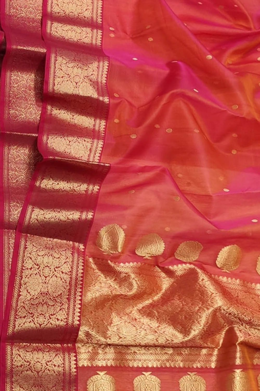 Vibrant Orange & Pink Chanderi Katan Silk Saree - Luxurion World