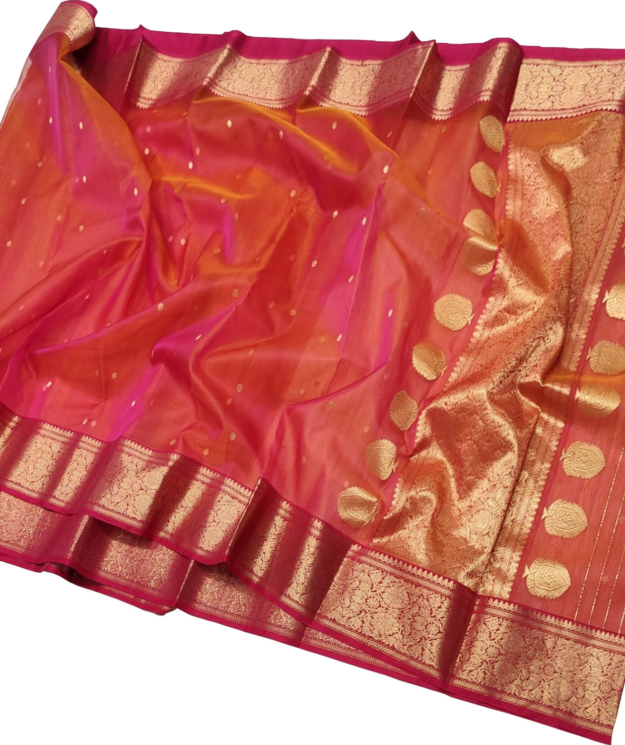 Vibrant Orange & Pink Chanderi Katan Silk Saree - Luxurion World