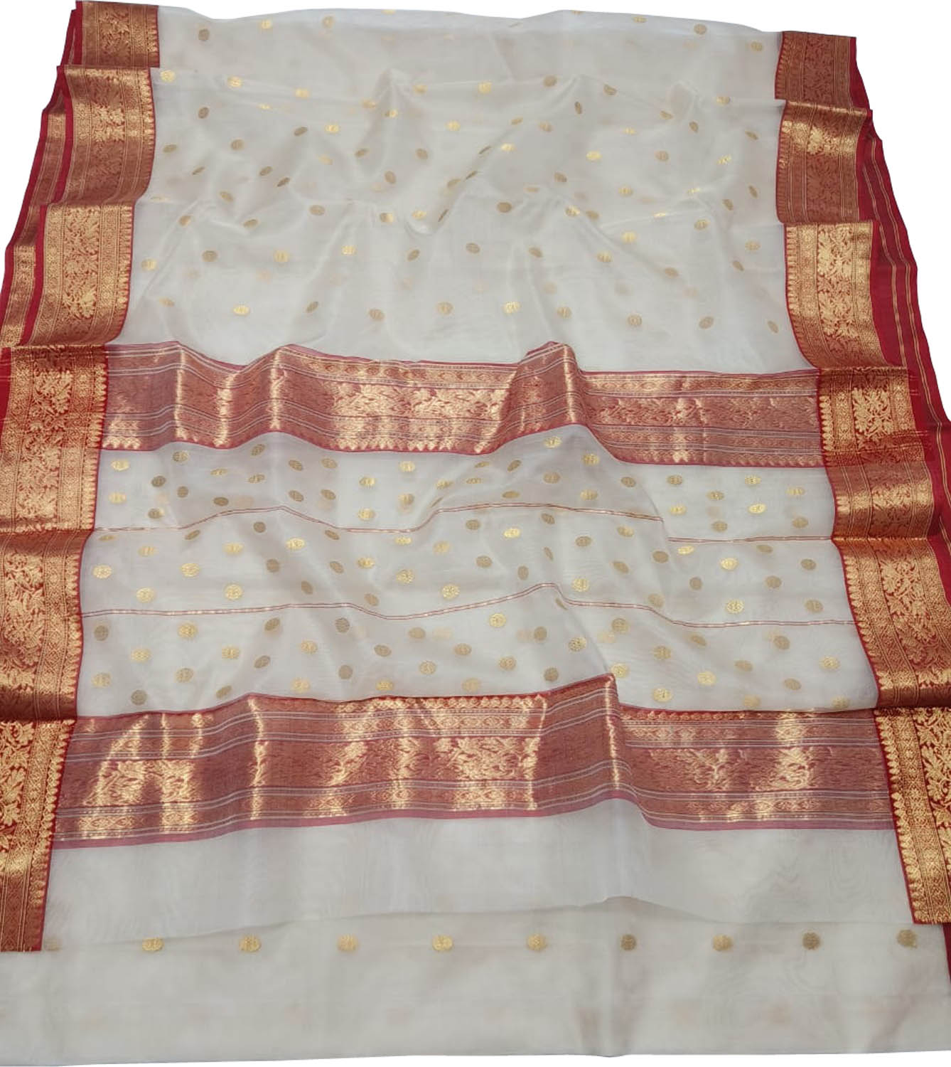 Elegant Off White Chanderi Katan Silk Saree - Luxurion World
