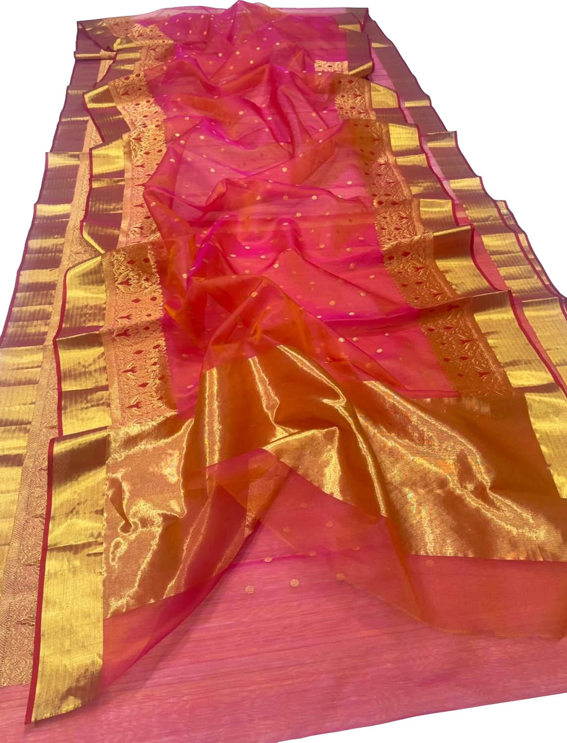 Vibrant Orange & Pink Chanderi Katan Silk Saree - Luxurion World