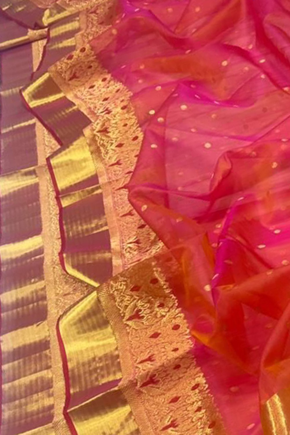 Vibrant Orange & Pink Chanderi Katan Silk Saree - Luxurion World