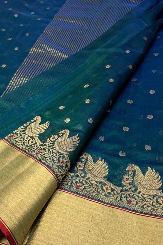 Stunning Green & Blue Chanderi Silk Saree - Luxurion World