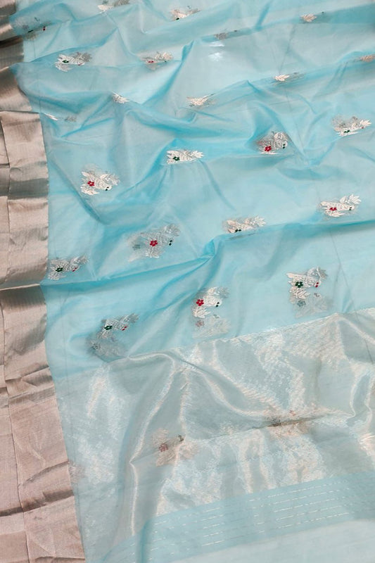 Blue Chanderi Handloom Pure Katan Silk Saree - Luxurion World