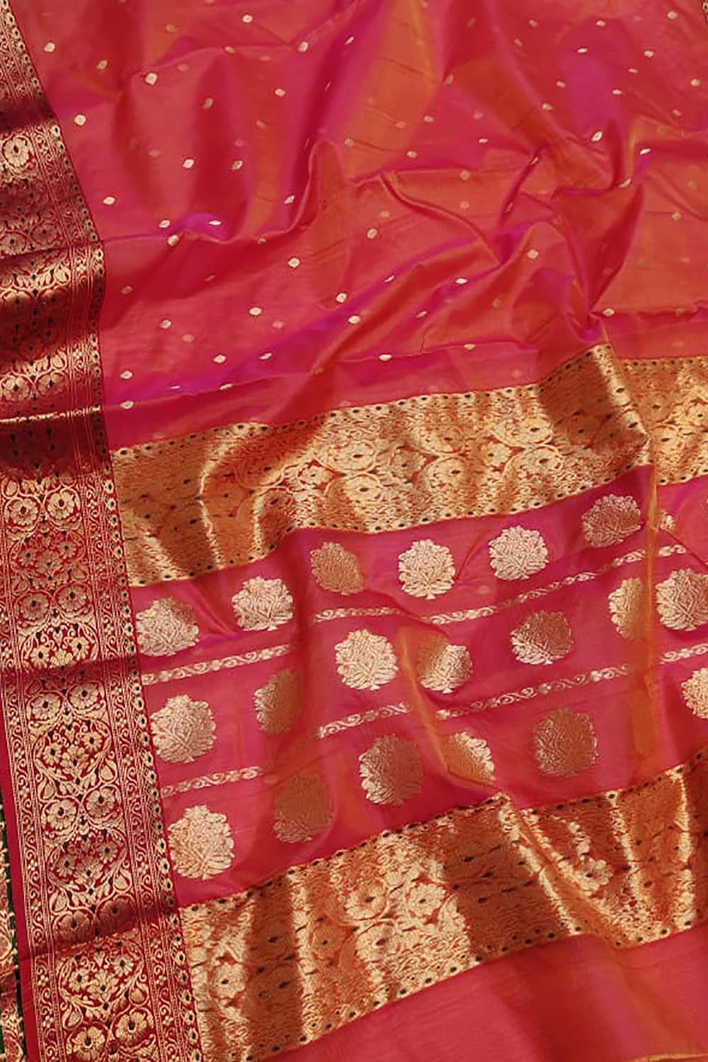 Vibrant Pink & Orange Chanderi Silk Saree - Luxurion World