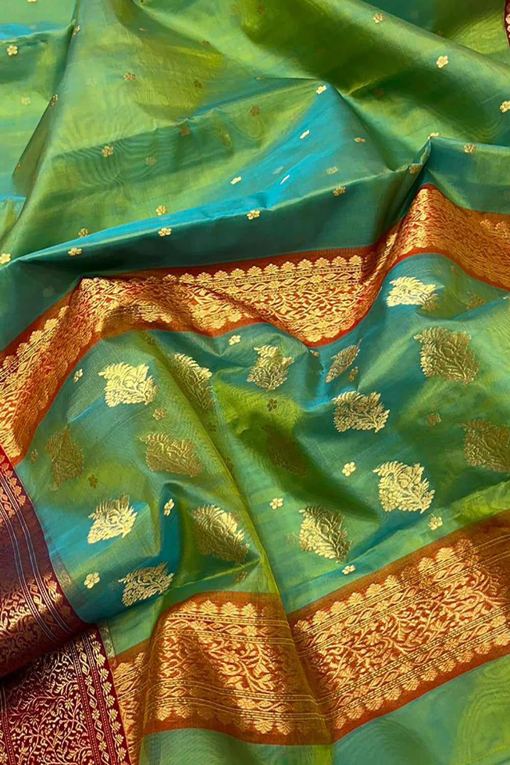 Green Chanderi Handloom Pure Katan Silk Saree - Luxurion World