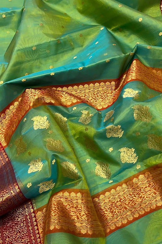 Green Chanderi Handloom Pure Katan Silk Saree - Luxurion World