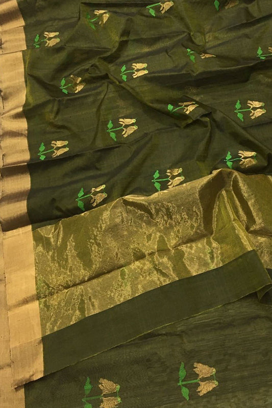 Ethically Made Green Silk Saree: Handloom Chanderi Beauty - Luxurion World