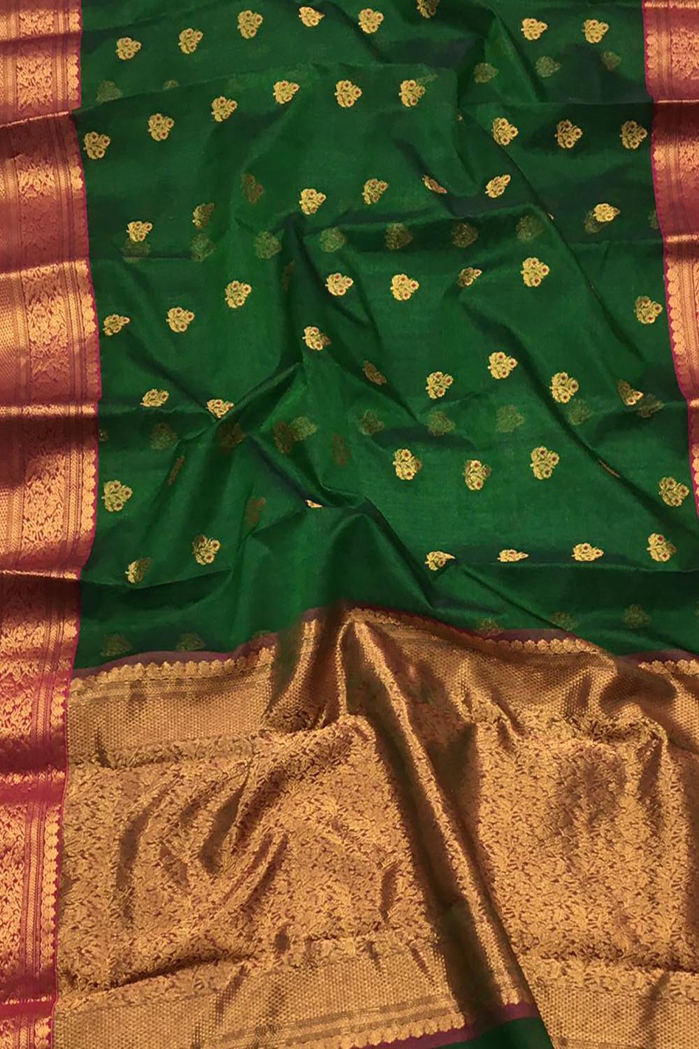 Green Chanderi Handloom Pure Katan Silk Saree - Luxurion World