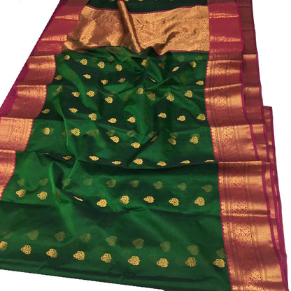Green Chanderi Handloom Pure Katan Silk Saree - Luxurion World