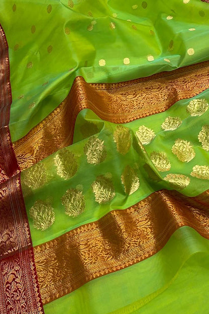 Green Chanderi Handloom Pure Katan Silk Saree - Luxurion World
