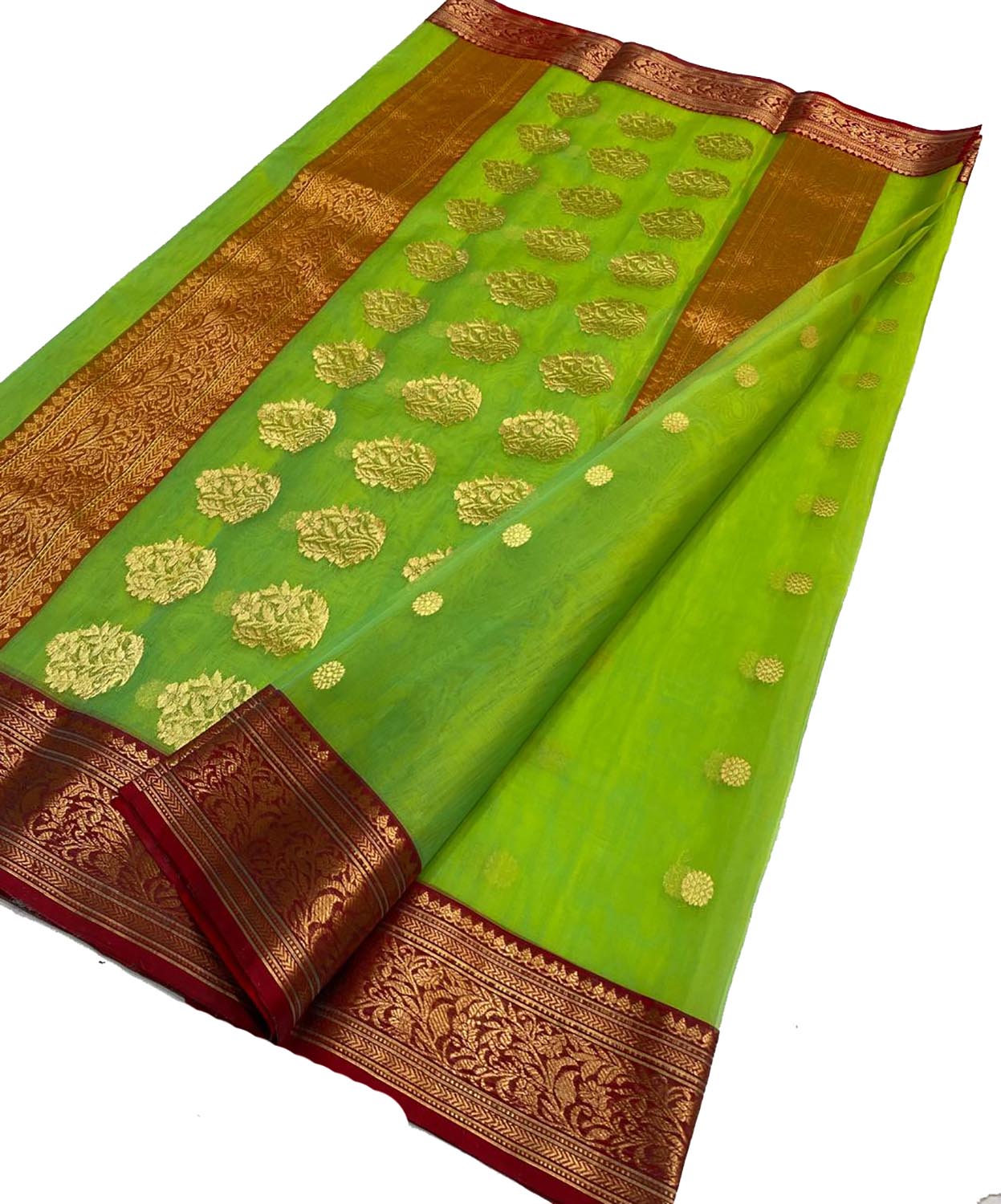 Green Chanderi Handloom Pure Katan Silk Saree - Luxurion World