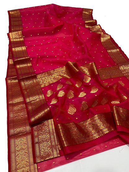 Stunning Pink Chanderi Handloom Pure Katan Silk Saree - Luxurion World