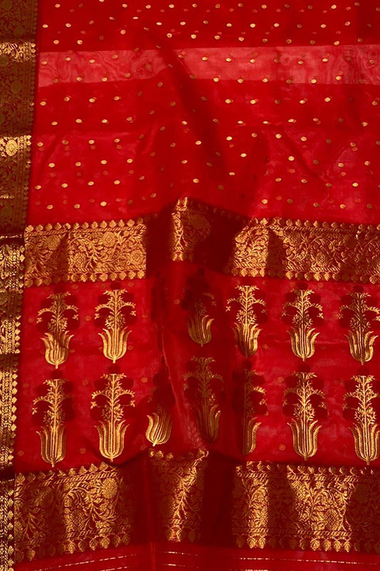Exquisite Red Chanderi Handloom Pure Katan Silk Saree - Luxurion World
