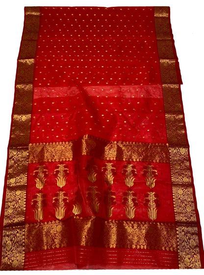 Exquisite Red Chanderi Handloom Pure Katan Silk Saree - Luxurion World