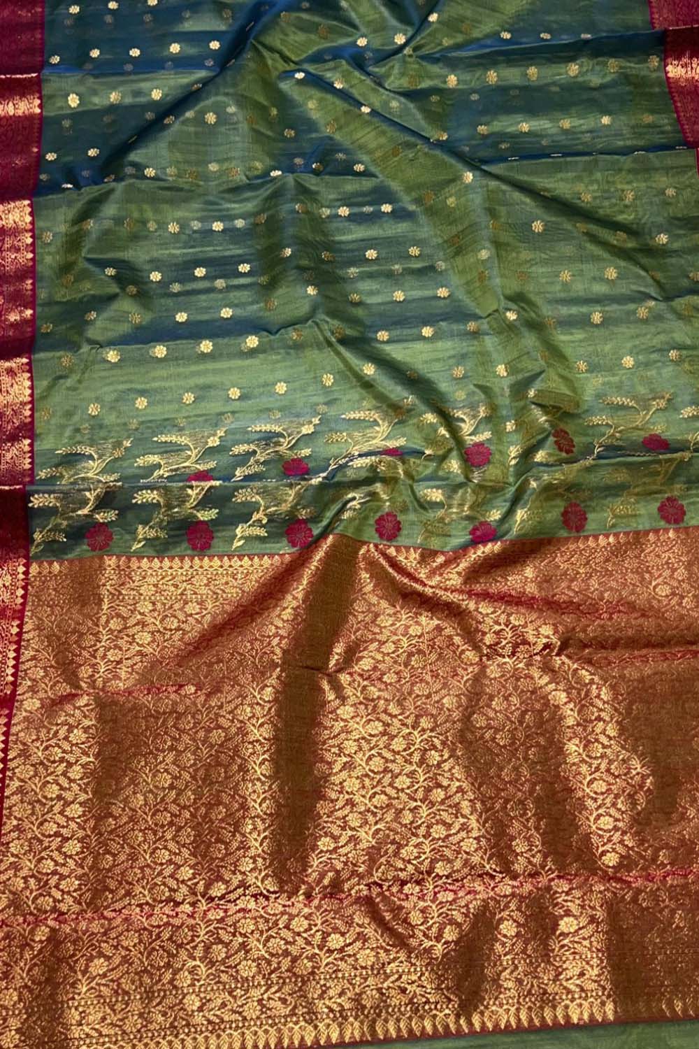 Green Chanderi Handloom Pure Katan Silk Booti Design Saree - Luxurion World