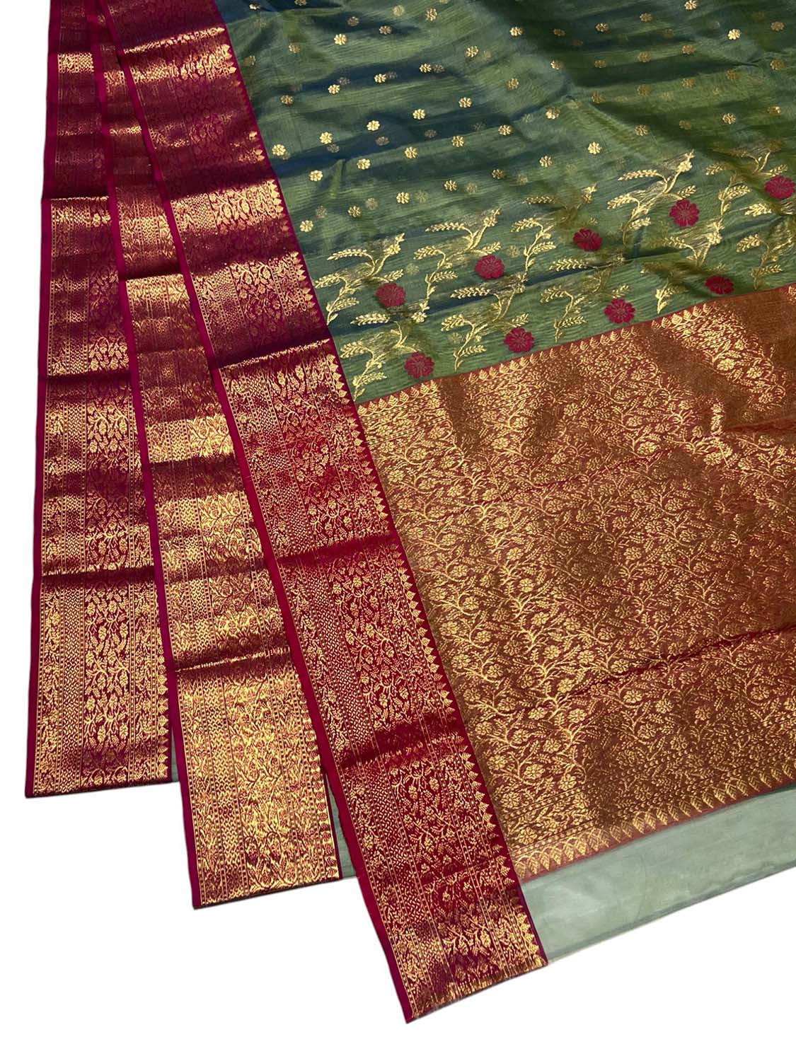 Green Chanderi Handloom Pure Katan Silk Booti Design Saree - Luxurion World