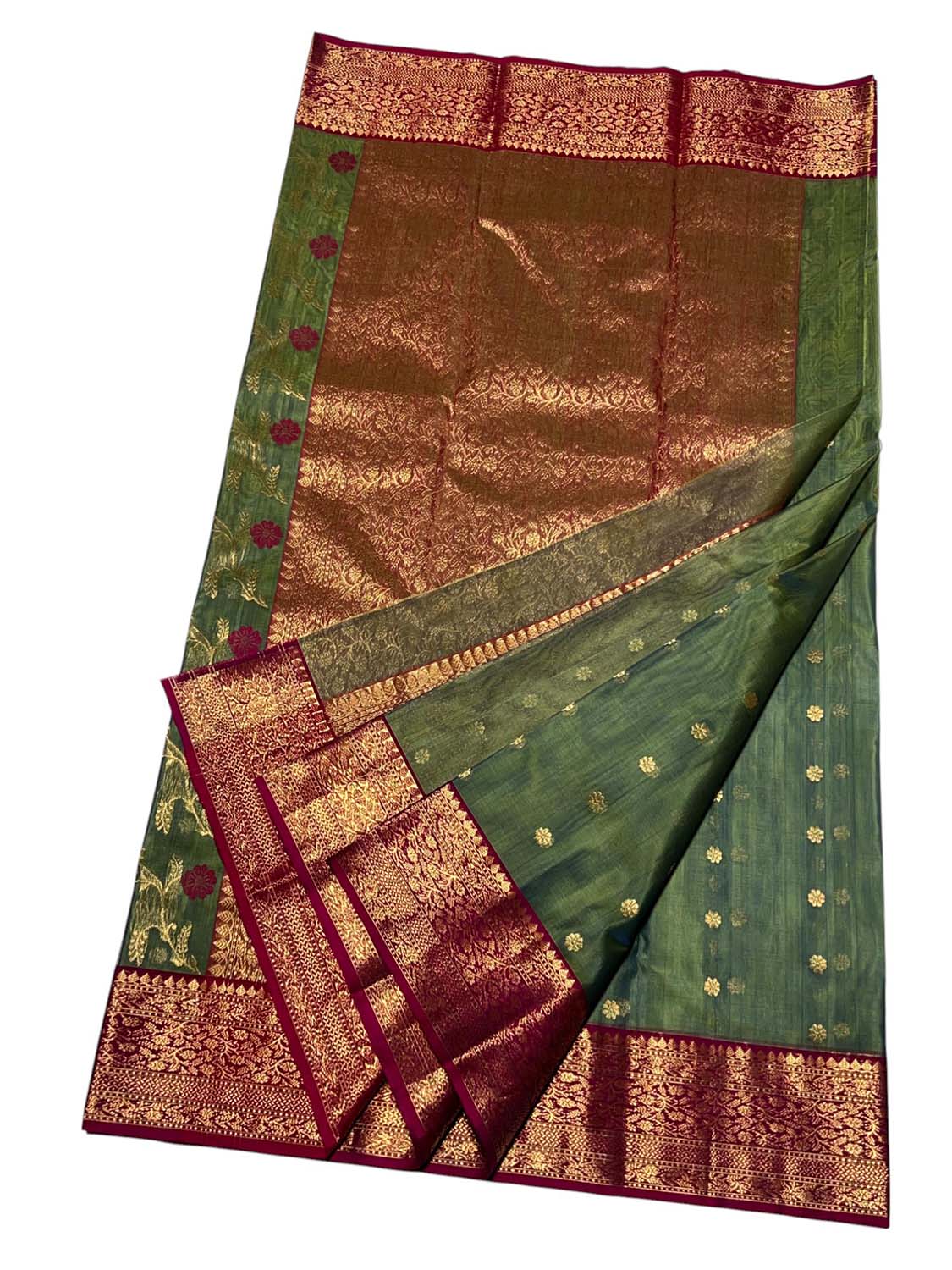 Green Chanderi Handloom Pure Katan Silk Booti Design Saree - Luxurion World