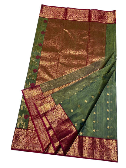 Green Chanderi Handloom Pure Katan Silk Booti Design Saree - Luxurion World