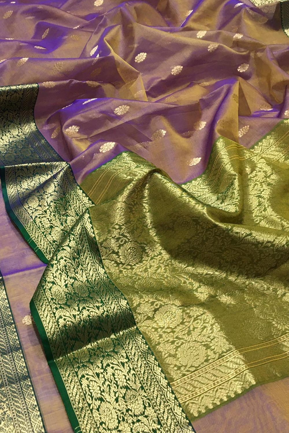 Green And Purple Shot Chanderi Handloom Pure Katan Silk Booti Design Saree - Luxurion World